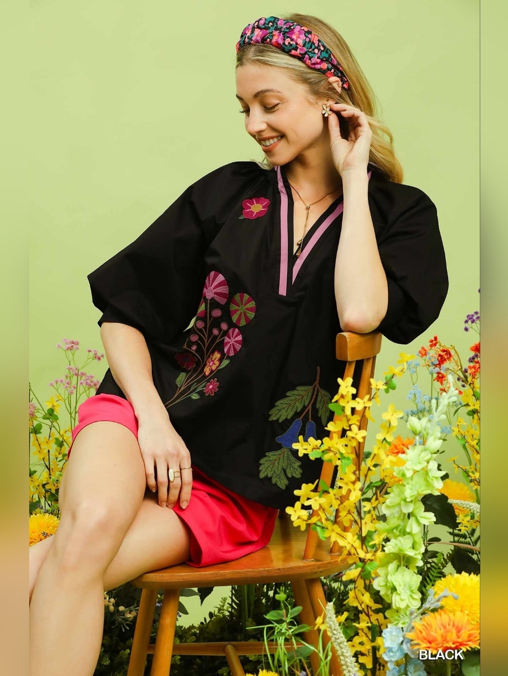 Floral Embroidered Black V-Neck Women's Top